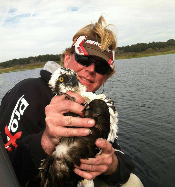 Even when not bass fishing, the pros find ways to head back out onto the water.<br><br>Rick Morris holds the osprey he saved while fishing in Florida.
