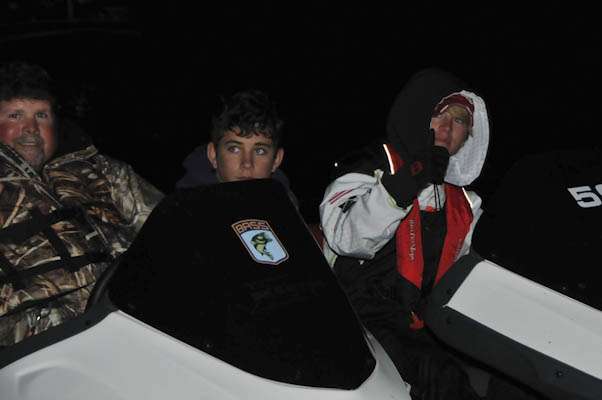 <p>Blake Betz and Christopher Chandler give a thumbs up to their families as they hit the waters of Wilson Lake.</p>

