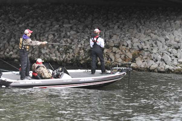 <p>Christopher Chandler and Blake Betz, both of the Central division, fished under a bridge in the Shoals Creek area of Wilson Lake.</p>
