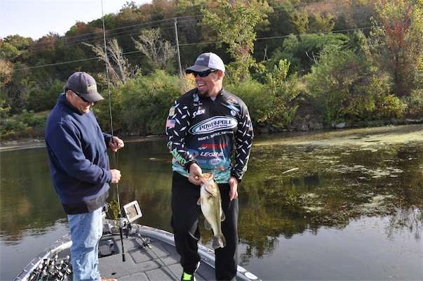 <p> </p>
<p>Chris Lane and John Holtman celebrate the first catch of the day on Laneâs home waters of Lake Guntersville.</p>
