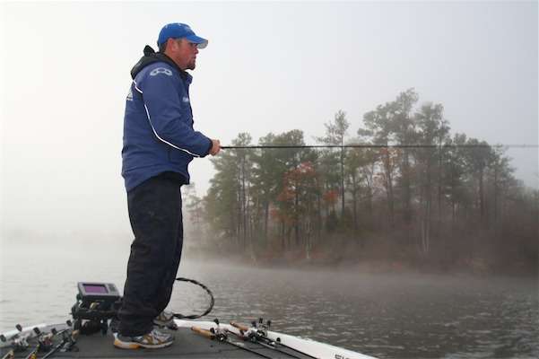<p>8:11 a.m. Lake S is fogged up again as Reehm returns to the spot where he caught a 6-9 on his first cast.</p>
