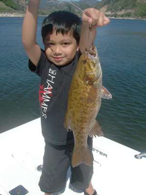 <p>
	Allan, 7, caught this 3-pound smallmouth using a drop shot on Californiaâs Lopez Lake.</p>

