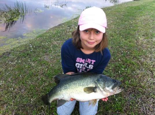 <p>
	 </p>
<p>
	Maja caught this 6-pounder in Palm Beach Gardens Lakes using a Zoom G-Tail Worm in junebug when she was 8.</p>
