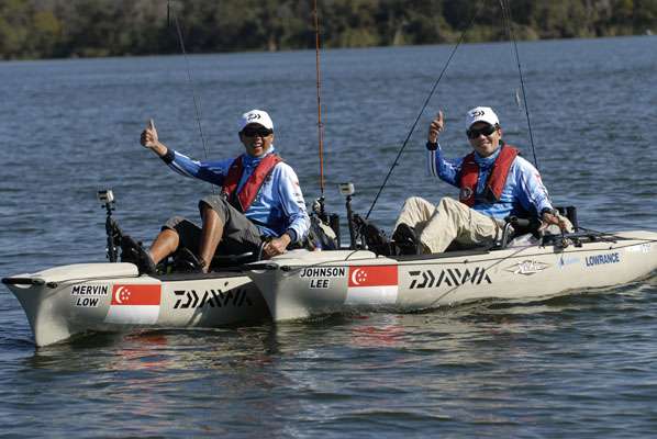 <p>SINGAPORE SLING: Mervin Low and Johnson Lee give the thumbs-up on their success on Fayette Lake.</p>

