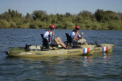 <p>FANTASTIQUE FRENCH: Jerome Richard and Cedric Latigue pedal their Hobie Mirage Pro Angler 12 kayaks, seeking out a new location to fish.</p>

