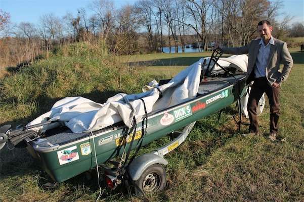 <p>...is the dude's first tournament boat, "I fished my first tournaments out of this, it had a trolling motor front and back, started out in this boat 20 years or so ago."</p>
