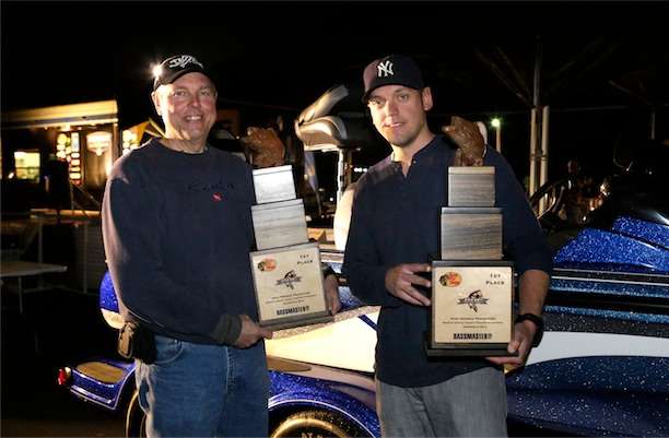 <p>Travis Rulle and partner Don Rulle hold their first place trophies and claim the grand prize - a 2012 Nitro Z9 boat equipped with a motor and electronics. </p>
