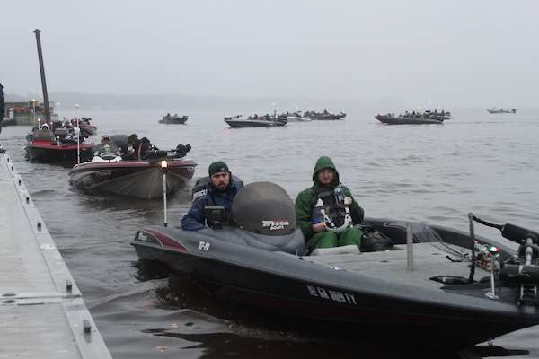 <p>College anglers rotate through boat check.</p>
