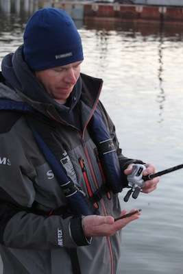 <p>AUMâs Tom Frink shows off one of the baits that helped his team catch some of their spawning fish.</p> 