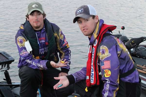 <p>Day One leaders Matthew Roberts and Zach Parker of Bethel show off the lipless crankbaits that hauled in 29-2 on Day One. </p>
