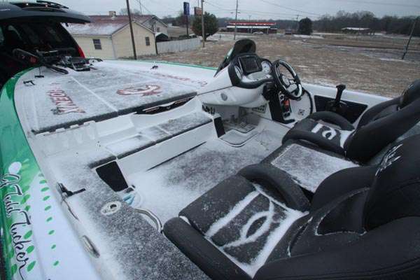 <p>At the end of the day, Tuckerâs boat is covered in ice and snow from his seven hours on Lake G.</p>
