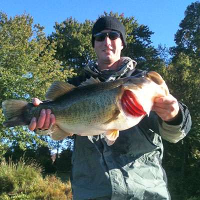 <p>Josh Rhoades caught this 9-pound, 12-ounce largemouth out of Garrisons Lake in Delaware. It was Oct. 13, and Rhoades coaxed the bass out of heavy lily pad cover using a double willow spinnerbait (white). âThis was my best fish for 2012 and my new all-time personal best fish so far,â said Rhoades.<br />
	<br />
	 </p>
