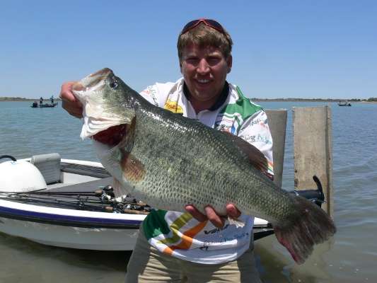 <p>August Lingnau caught this massive bass in central South Africa using Strike King Redeye Shad (green gizzard) and 12-pound Berkley 100 Percent Fluorocarbon. It is currently under consideration for a record in South Africa.</p>
