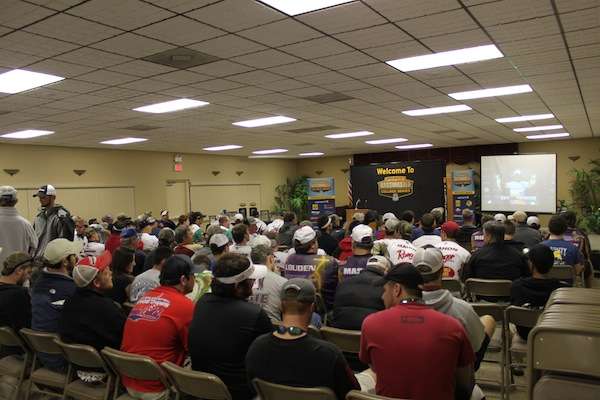 <p> </p>
<p>As the room starts to fill, collegiate anglers watch Matt Lee claim his spot in the 2013 Bassmaster Classic. </p>
