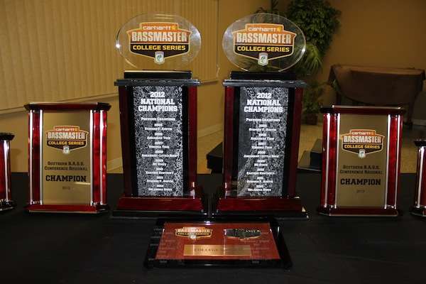 <p>The Southern B.A.S.S. Conference Regional Championship trophies sit alongside the granddaddy of the college trail, the 2012 National Champion trophy. </p>
