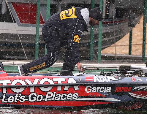<p>Ike selects a rod and gets back to work as snow starts to fall on Grand Lake. </p>
