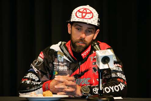 Mike Iaconelli talks during the post day press conference.