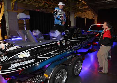 Randy Howell's boat lights reflect backstage as he waits to enter the arena.