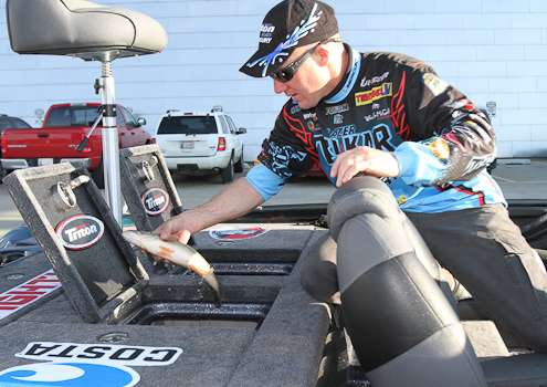 Brent Chapman checks his fish before he enters the arena on Friday.