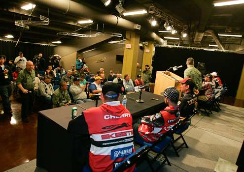 <p>The top six anglers going into the final day take questions.</p>
