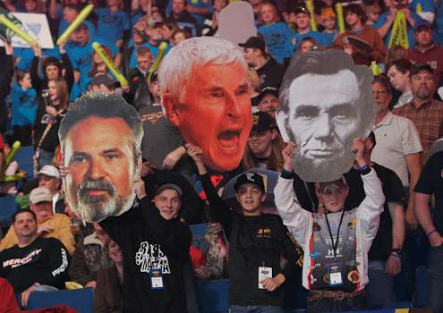 <p>Fat heads fill the stadium. Three great Americans! James Overstreet - BASS photographer, Bobby Knight and Abraham Lincoln!</p>
