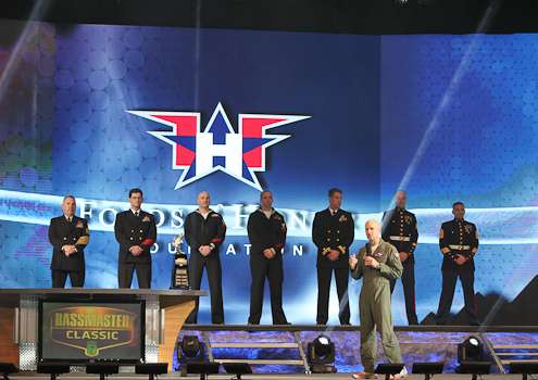 <p>Members from the Folds of Honor Foundation captivate the crowd with a very moving story.</p>
