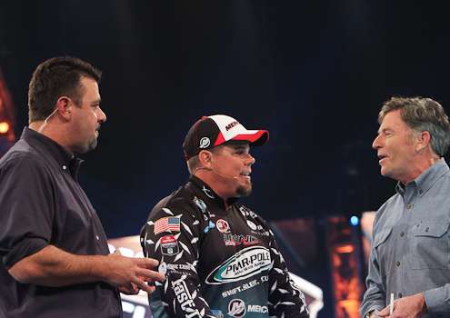 <p>Zona and Sanders welcome 2012 Bassmaster Classic Champion Chris Lane to the pre-show stage.</p>
