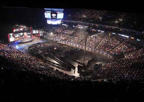 <p>The view from above during the weigh-in at the BOK Center.</p>
