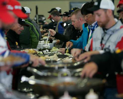 Lunch is served and the anglers grab a bite before they sit down for interviews.

