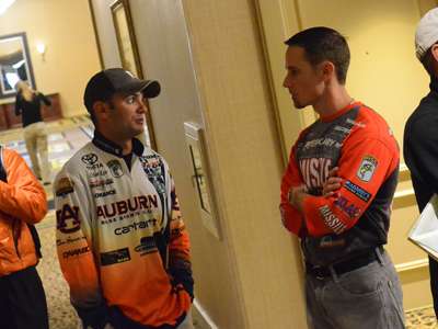 <p>Lee chats it up with John Crews before registration gets underway. From his demeanor, you'd never know that he was feeling more pressure than he's ever felt in his short career.</p>

