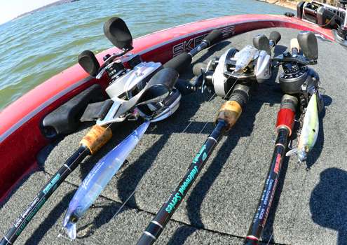 <p>Aboard Hank Cherry's Skeeter was an assortment of Megabass jerkbaits as well as a tiny grub. The rods were Denali and the reels a hodgepodge.</p>
