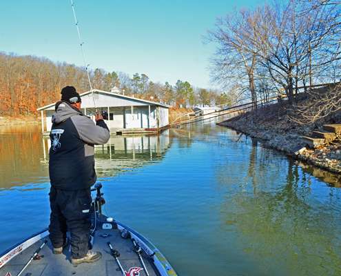 <p>Bobby Lane was found in Big Hollow early on heaving a Berkley Flicker Shad crankbait. He caught three in a row on it before our cameras got there.</p>

