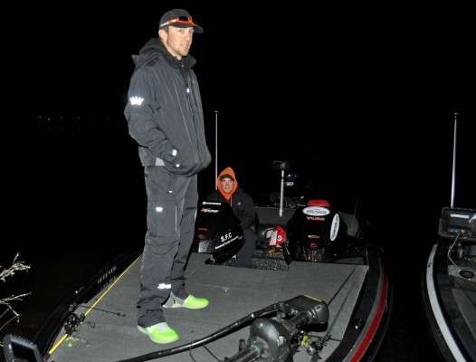 <p>The defending Carhartt Bassmaster College Series champions from Oklahoma State University, Zack Birge and Blake Flurry, wait to launch after dropping their boat in.</p>
