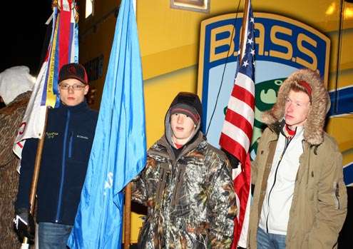 <p>The color guard stands at the wait to help kick off the 2013 Bassmaster Classic.</p>
