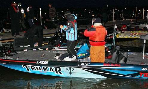 <p>Reigning Toyota Tundra Bassmaster Angler of the Year Brent Chapman gets ready to lead the 53-man field out onto Grand Lake.</p>
