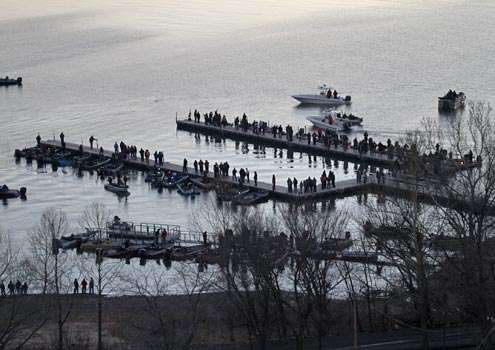 <p>The camera copter approaches Wolf Creek Park on Grand Lake Oâ the Cherokees for the final day launch of the 2013 Bassmaster Classic.</p>

