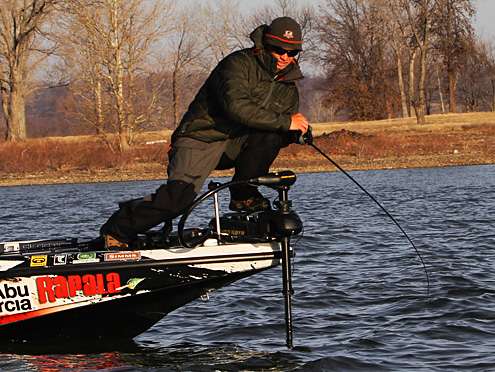 <p>Fish on! Palaniuk hooks into his fourth bass. The following sequence shows the action.</p>
