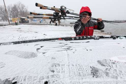 Crews grabs his snow covered gear!