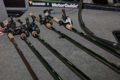<p> </p>
<p>Jonathon VanDam lines his deck with his rods and reels prior to the media's arrival.</p>
