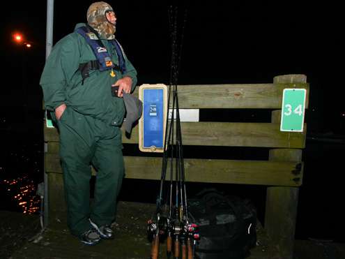 <p>Co-angler Richard Johnson was bundled up for a long boat ride. </p>
