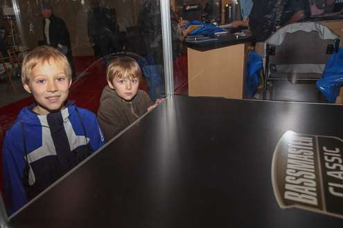 <p>Evan, 9, and Jonah, 7, are both from Owasso, Okla. They are checking out the B.A.S.S. booth today.</p>
