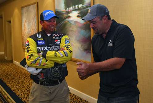 <p>Bobby Lane and Mark Zona were swapping fish stories in the hallway.</p>
