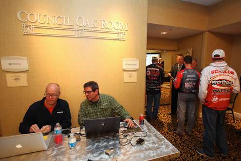 <p>Jim Sexton and Mike Suchan were set up at registration to produce on-site content for Bassmaster.com.</p>
