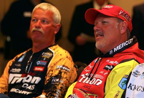 <p>2007 Bassmaster Classic champion Boyd Duckett and Classic rookie Albert Collins sat together during the anglers briefing.</p>
