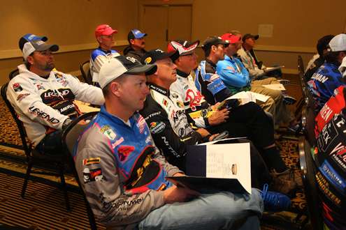 <p>Several of the Classic rookies sat together near the back of the room during the anglers briefing.</p>
