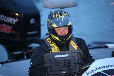 <p>Helmets were out in full force today. This is Terry Scroggins, of Florida, fired up for the day.</p>
