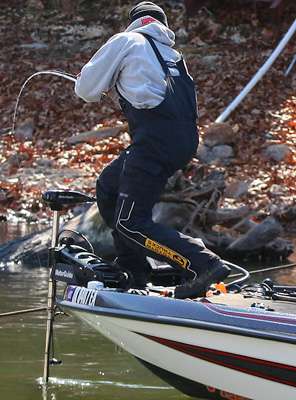 Iaconelli stands on the trolling motor and moves in. 