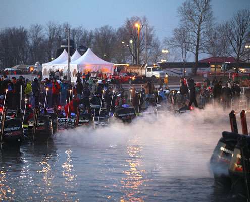 <p>Boats and lights line the dock as they wait for Day Two of the Bassmaster Classic on Grand Lake.</p>
