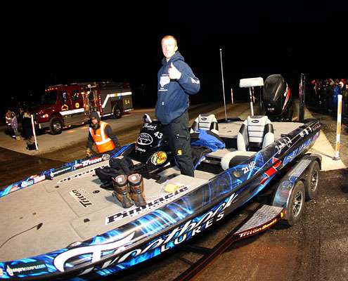 <p> Brandon Card gives the thumbs up, hoping that he can improve on his 6-pound, 6-ounce Day One catch.</p>
