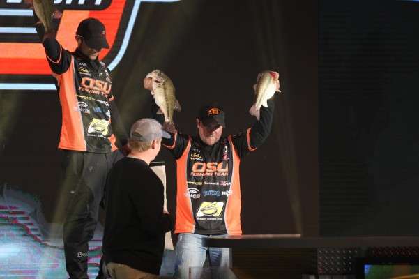 <p>Zac Birge and Blake Flurry from Team OSU show off their catches in the College Classic weigh-in.</p>
